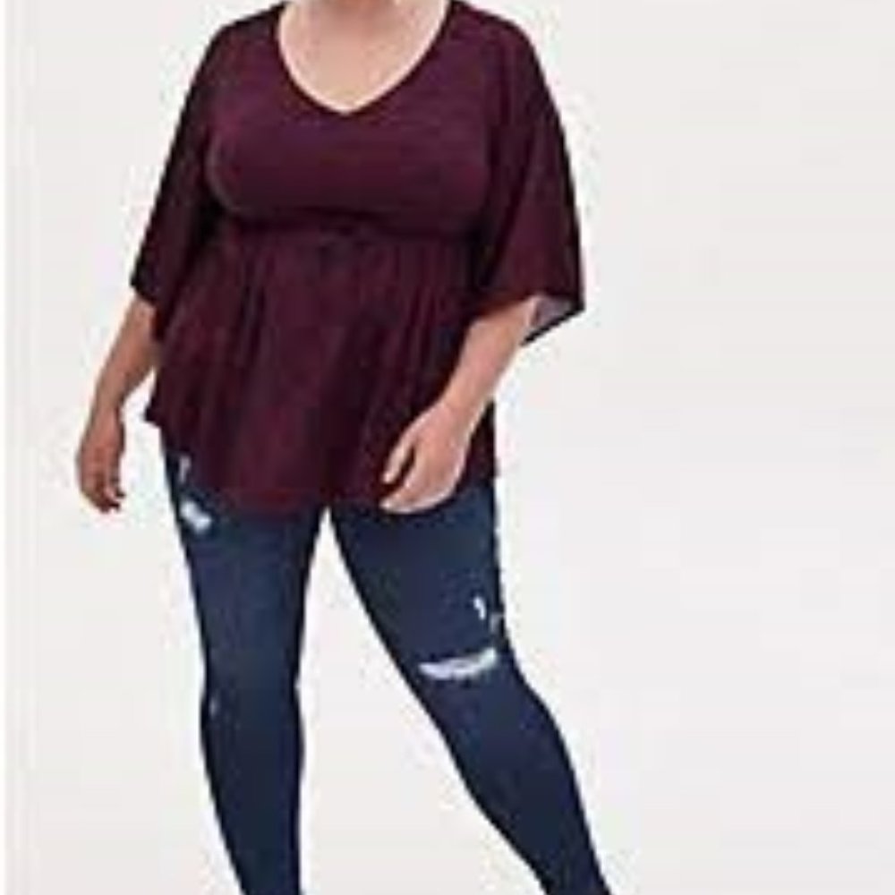 BURGUNDY PURPLE & BLACK POLKA DOT STRETCH CHALLIS LATTICE BACK BABYDOLL TOP